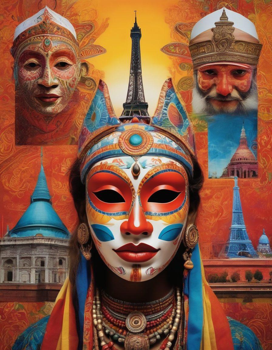 A vibrant collage showcasing diverse global cultures through traditional art forms. Include intricate tribal masks, colorful folk paintings, and elegant textiles, all set against a backdrop of iconic world landmarks like the Taj Mahal and Eiffel Tower. People of various ethnicities engaging with art in a celebratory atmosphere, symbolizing unity and tradition. super-realistic. vibrant colors.