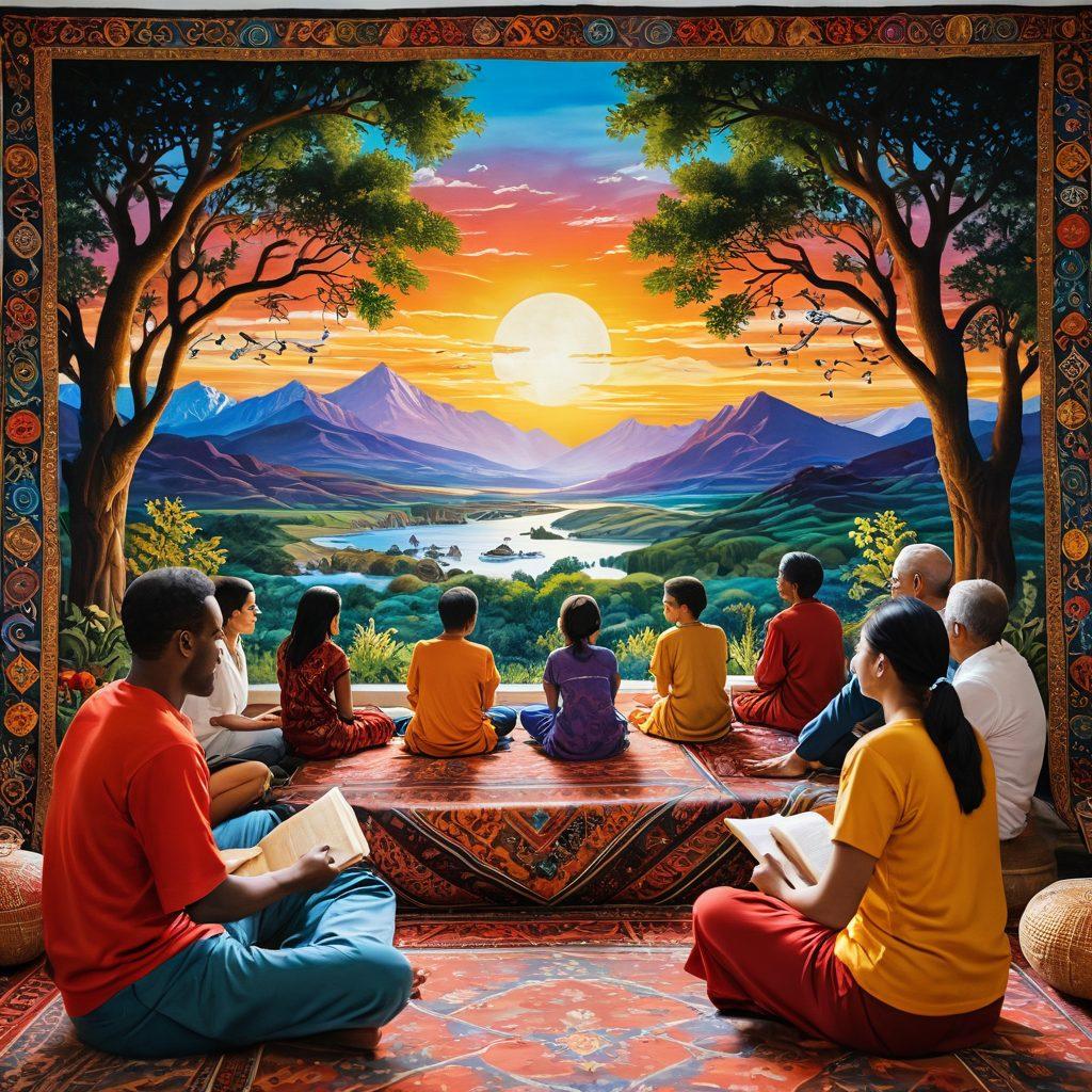 A vibrant tapestry filled with intricate patterns representing various cultures around the world, with symbols of storytelling, heritage, and traditional attire woven throughout. In the foreground, diverse people of different ages are sharing stories, with their expressions reflecting joy and connection. The background features a blend of landscapes from different regions, illustrating the beauty of diversity. super-realistic. vibrant colors. warm lighting.