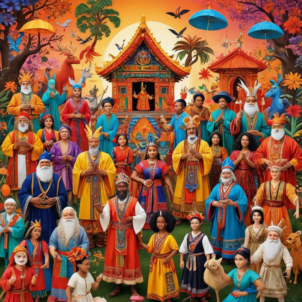 A vibrant collage showcasing diverse folklore elements from different cultures, including traditional costumes, mythical creatures, and folk art symbols that intertwine within a multicultural community setting. Surround this scene with hands of various skin tones reaching out, symbolizing unity, and include a lively background with festival decorations and multicultural festivities. vibrant colors. 3D illustration.
